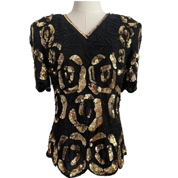 VTG. Stenay Black Gold Beaded‎ Silk Top S Sequin Evening Cocktail Blouse Glam - Picture 2 of 11